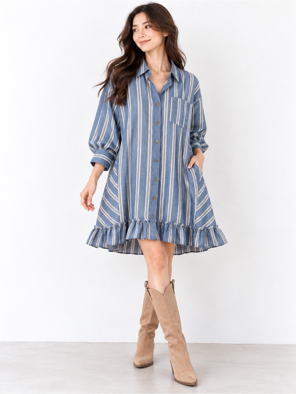 Blue Striped Ruffle-Hem Mini Dress